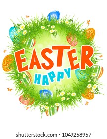 Happy Easter illustration with Flowers Grass and Eggs