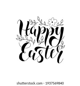 Frohe Ostern Gruß handgeschriebenen Text mit Blumen und Blättern, einzeln auf weißem Hintergrund. Moderne handgeschriebene Kalligraphie. Vektorgrafik für das christliche Festungskonzept.