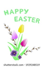 ¡Feliz Pascua!Ilustración con flores y ramas de sauce para un afiche, tarjeta o pancarta.