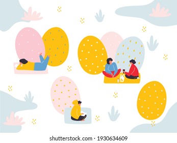 Happy Easter illustration. funny people doing family activity and egg hunt together. Festive spring holiday event design in flat cartoon style. Easter holiday people.