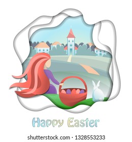 Happy Easter illustration with girl and countryside. Vector abstract modern composition with gradients and paper cut effect for greeting cards, prints, posters with text place .