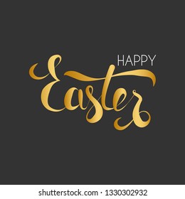 Happy Easter illustration with gold hand drawn lettering on black background. Vector Eps10.