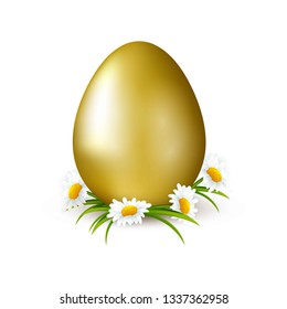 Happy Easter illustration with golden egg and beautiful camomilesflowers.Сhristian symbol of the resurrection of Christ