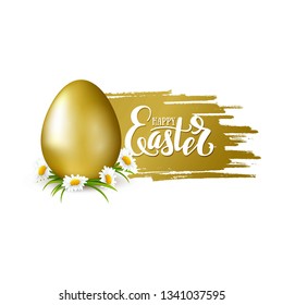 Happy Easter illustration with golden egg, chamomiles flowers and golden grunge brush stroke and lettering. Sale banner. Greeting card