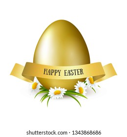 Happy Easter illustration with golden egg, chamomiles flowers and golden ribbon. Sale banner. Greeting card
