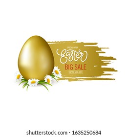 Happy Easter illustration with golden egg, chamomiles flowers and golden grunge brush stroke and lettering. Sale banner. Greeting card