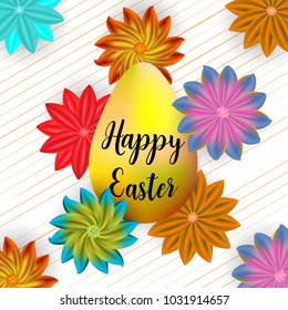 Happy Easter illustration with goldenl egg and beautiful flowers.