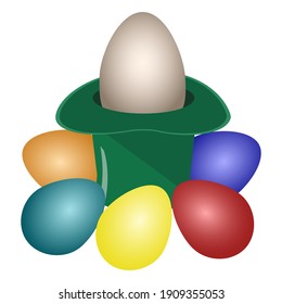 Feliz Pascua.  Ilustración de un sombrero verde, con huevos coloridos alrededor.  Cristo está en ascenso.  Ilustración del vector