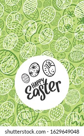 Happy Easter illustration with hand drawn text and background of different eggs. Flat vector illustration