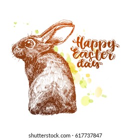 Happy Easter illustration. Hand Drawn Sketch Rabbit for Design, Website, Background, Banner. Ink cute hare with lettering in brown and yellow colors. 