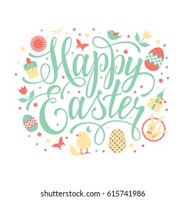 Happy Easter illustration with hand lettering text