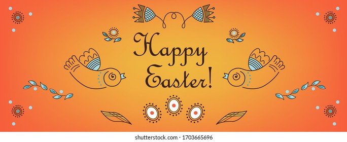 Happy Easter illustration,  horoizontal web site Facebook cover, color drawings of eggs, birds, flowers, line art, hygge style. Folk vintage embroidery, ornament on a orange background.