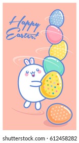 Happy Easter illustration. Kawaii postcard or poster with eggs and rabbit. A fat rabbit dances with Easter eggs.