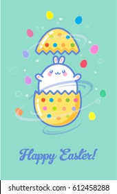Happy Easter illustration. Kawaii postcard or poster with eggs and rabbit. A fat rabbit and Easter eggs.