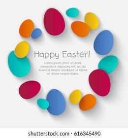 Happy Easter illustration. Lettering and color eggs on a white background.