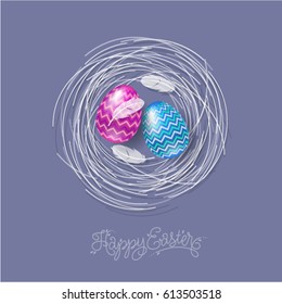 Happy Easter illustration. Lettering and easter eggs with feathers on a nest.