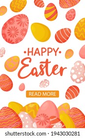 Happy easter illustration. Multicolored painted eggs with beautiful patterns isolated on white background. For the home page of the site, banners, openings, flyers.