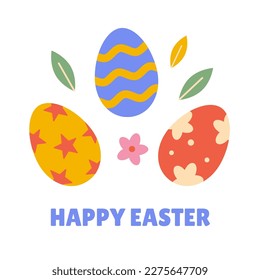 Happy Easter illustration painted eggs in bright colors. Modern minimalist spring event vector design. Perfect for a decorated social media post, poster, cover or postcard.