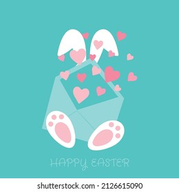 Happy Easter illustration with rabbit paws with an open envelope and flying hearts. Cute holiday vector illustration. For invitation, postcard, print, sticker, banner, poster and others.