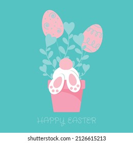 Happy easter illustration with rabbit paws in a pot, colorful eggs and simple flower arrangements. Cute holiday vector illustration. For invitation, postcard, print, sticker, banner, poster and others