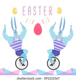Happy Easter illustration with rabbits on bicycle and colorful eggs
