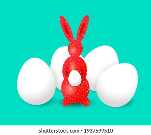 Happy Easter illustration with red bunny and white easter eggs. Festive Easter figure of rabbit