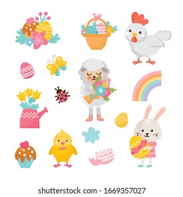 Happy Easter illustration set. Cute lamb, bunny, Easter eggs, little chicken, rainbow and other holiday elements. Animals characters.