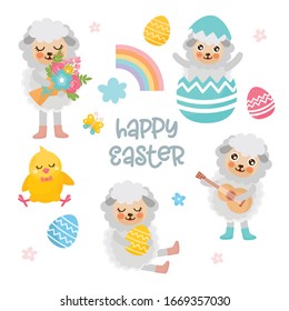 Happy Easter illustration set. Cute lamb, Easter eggs, little chicken, rainbow and other holiday elements. Animals characters.