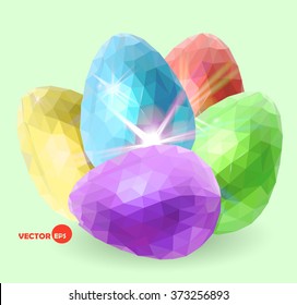 Happy Easter illustration set of five easter colorful eggs with shine light, made in low poly style. Design for the Happy Easter greeting cards, banners. 
