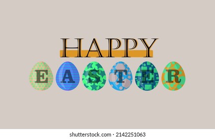 Feliz Pascua con la ilustración de seis huevos que tienen diferentes patrones.