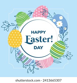 happy easter illustration texts in the center with hand drawn flowers