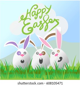 Happy easter illustration. Three cute bunnies wish you Happy Easter