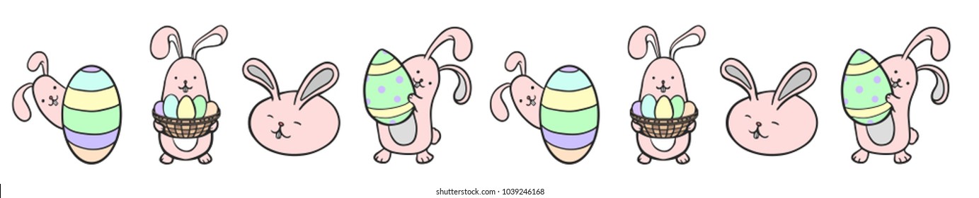 Happy Easter illustration. Vector border for  greeting card, invitation with pink cute rabbit with egg  