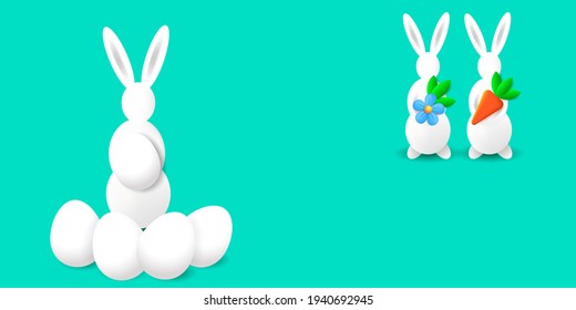 Happy Easter illustration with white bunnies and easter eggs. Festive Easter figures of rabbits