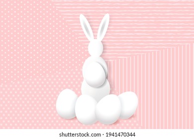 Happy Easter illustration with white bunny and easter eggs. Festive Easter figures of rabbit on the pink decorated background