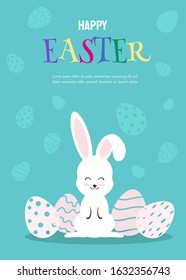 Happy Easter Illustration - White Rabbit Bunny on Blue Background. Happy Easter, bunny, easter background, easter design. Vector illustration.
