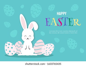 Happy Easter Illustration - White Rabbit Bunny on Blue Background. Happy Easter, bunny, easter background, easter design. Vector illustration.