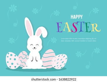 Happy Easter Illustration - White Rabbit Bunny on Blue Background. Happy Easter, bunny, easter background, easter design. Vector illustration.