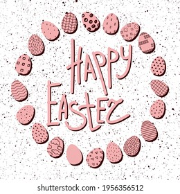 Happy Easter illustration. A wreath of boho colors eggs with different Scandinavian ornaments on nude texture background. Happy Easter lettering or place for your text in a circle of dots painted eggs
