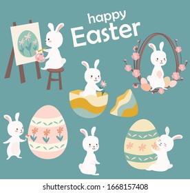 Happy Easter illustrations. Collection of funny easter bunnies. Vector elements for banner or greeting card. Can be used as stickers.
