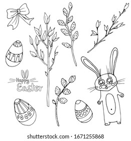 Happy Easter. Illustrations for coloring. Easter bunny. A set for decorating in spring style. Black and white hand drawn illustrations.