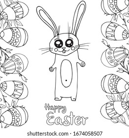 Happy Easter. Illustrations for coloring. Easter bunny. A set for decorating in spring style. Black and white hand drawn illustrations.