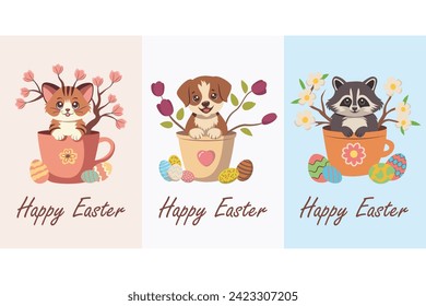 Happy Easter. Illustrations of a cute tiger cub, puppy and raccoon with flowers in a cup with Easter eggs on the ground. For postcards, t-shirts. Flat style