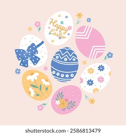 Happy Easter illustrations with eggs daffodils bows and flowers