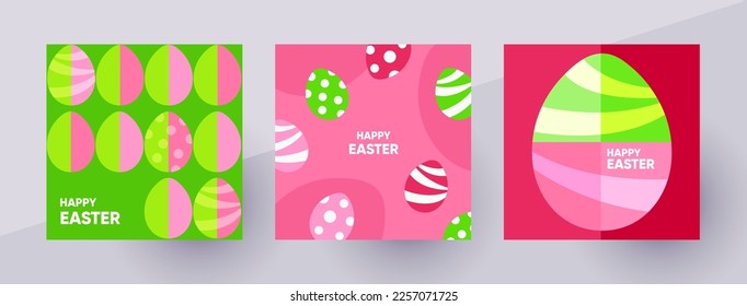 Happy Easter illustrations in minimalistic style. Easter eggs in vivid colors. Template for social media post, poster, card, flyer. Vector illustration.