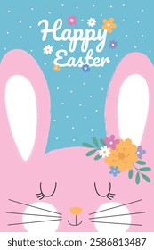 Happy Easter illustrations with a pink bunny and flowers on a blue background