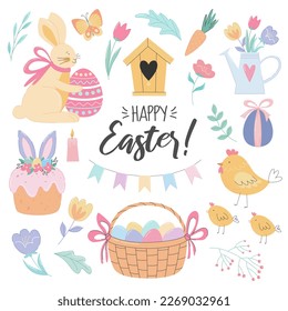 Happy Easter ilustrations set with lettering, rabbit, eggs, chickens, flowers, birdhouse and other holiday symbols. Hand drawn, flat style vector clip art for cards, web design, prints, sticker kit.