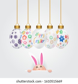 Happy easter image vector. Modern happy Easter background with colorful eggs, bunny, rubbit, and spring flower. Template Easter greeting card, vector.