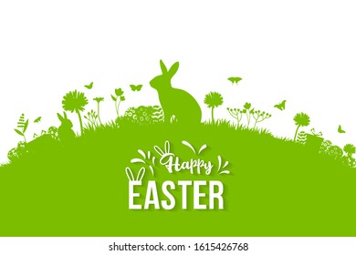 Happy easter image vector. Modern happy Easter background with colorful eggs, bunny, rubbit, and spring flower. Template Easter greeting card, vector.