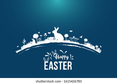 Happy easter image vector. Modern happy Easter background with colorful eggs, bunny, rubbit, and spring flower. Template Easter greeting card, vector.